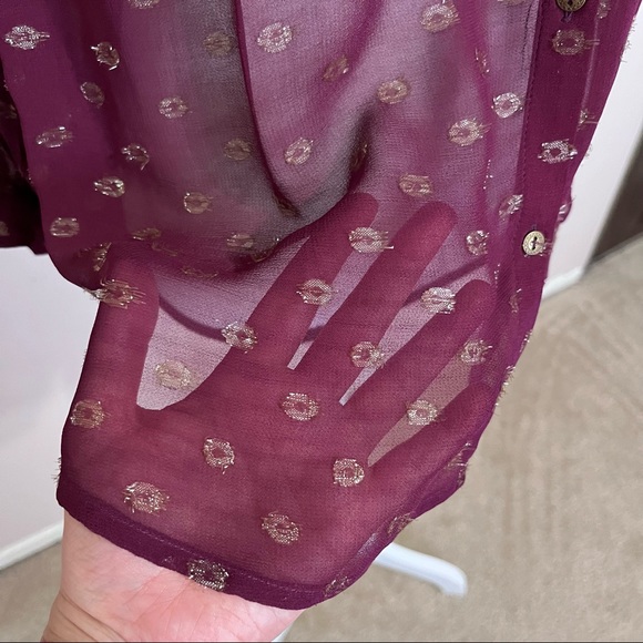 SOLD E Anthropologie Moulinette Soeurs Plum Gold Metallic Sheer Button Up Blouse - Picture 7 of 10